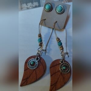 Boho Turquoise and Silver, Cedar Leaf Earrings Set